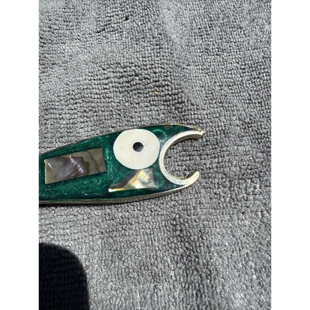 Vintage Alpaca Silver Abalone Mother of Pearl Fish Bottle Opener Barware